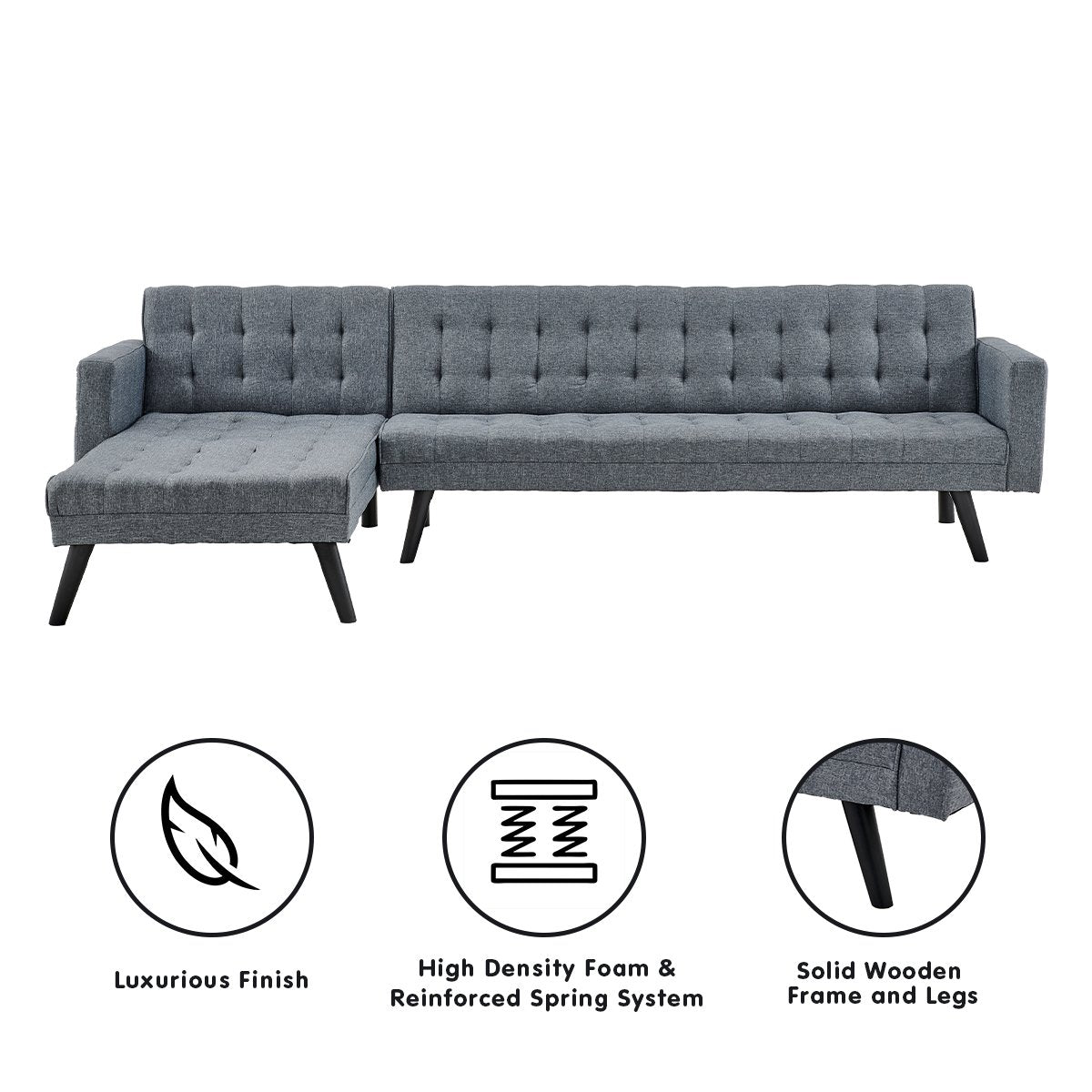Sarantino 3-Seater Corner Wooden Sofa Bed Lounge Chaise Sofa Grey
