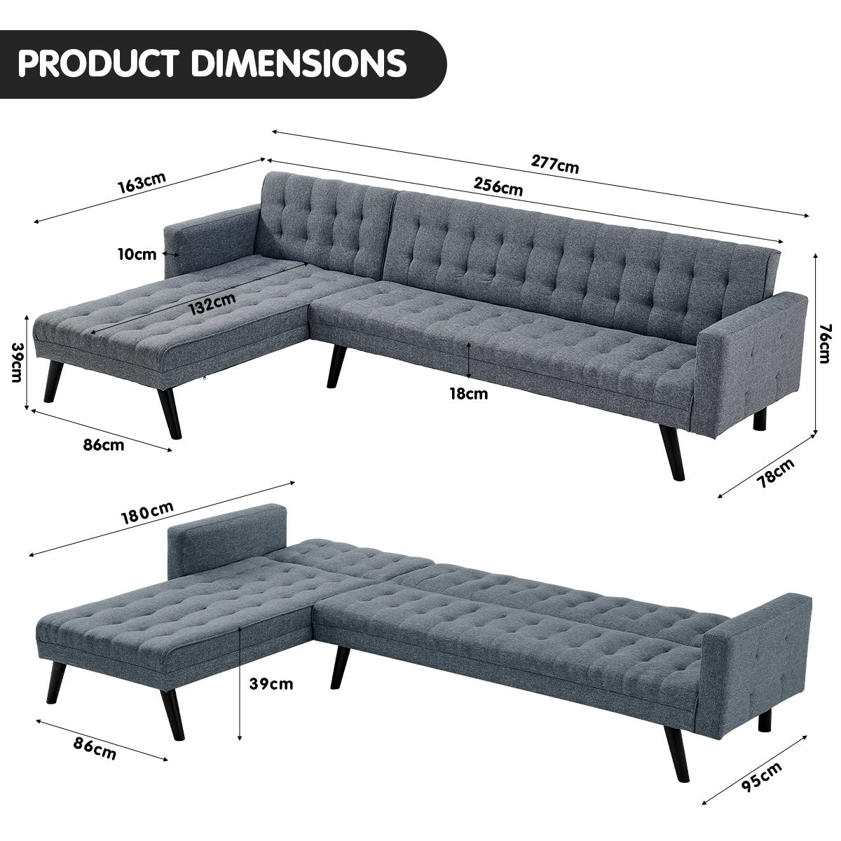 Sarantino 3-Seater Corner Wooden Sofa Bed Lounge Chaise Sofa Grey