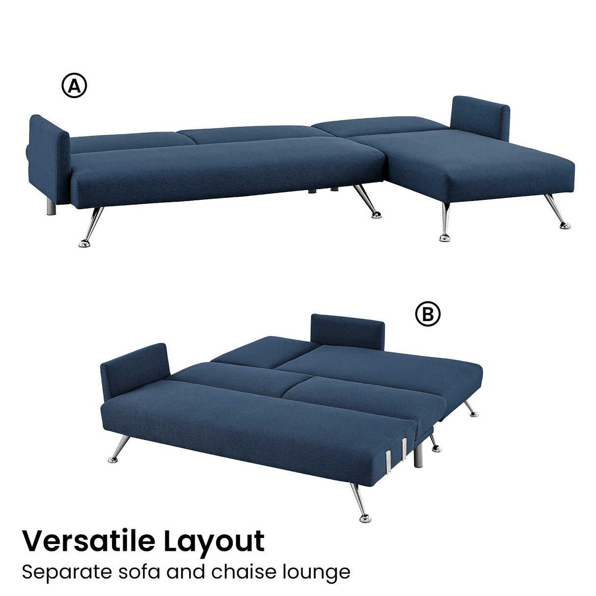 Mia 3-Seater Sofa Bed with Chaise & 3 Pillows by Sarantino - Blue