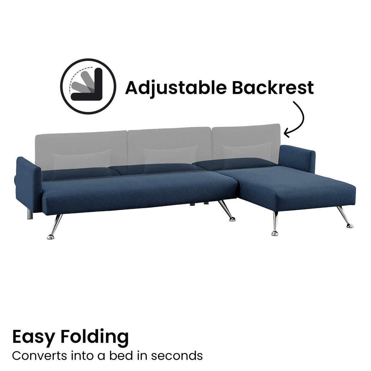 Mia 3-Seater Sofa Bed with Chaise & 3 Pillows by Sarantino - Blue