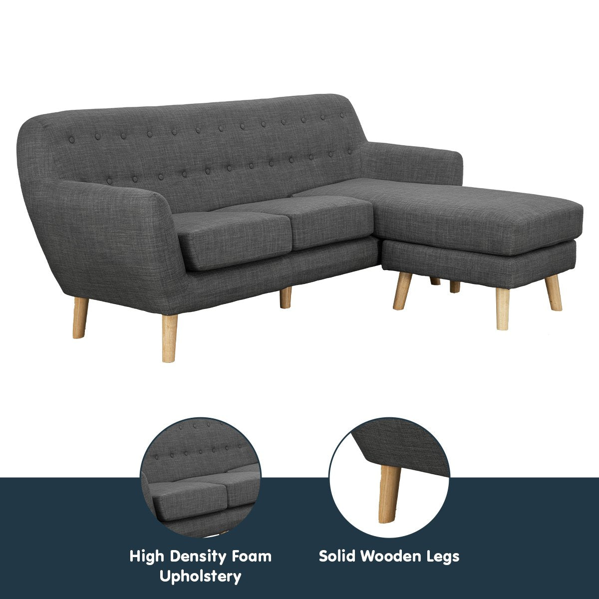 Linen Corner Sofa Couch Lounge L-shaped with Chaise - Dark Grey