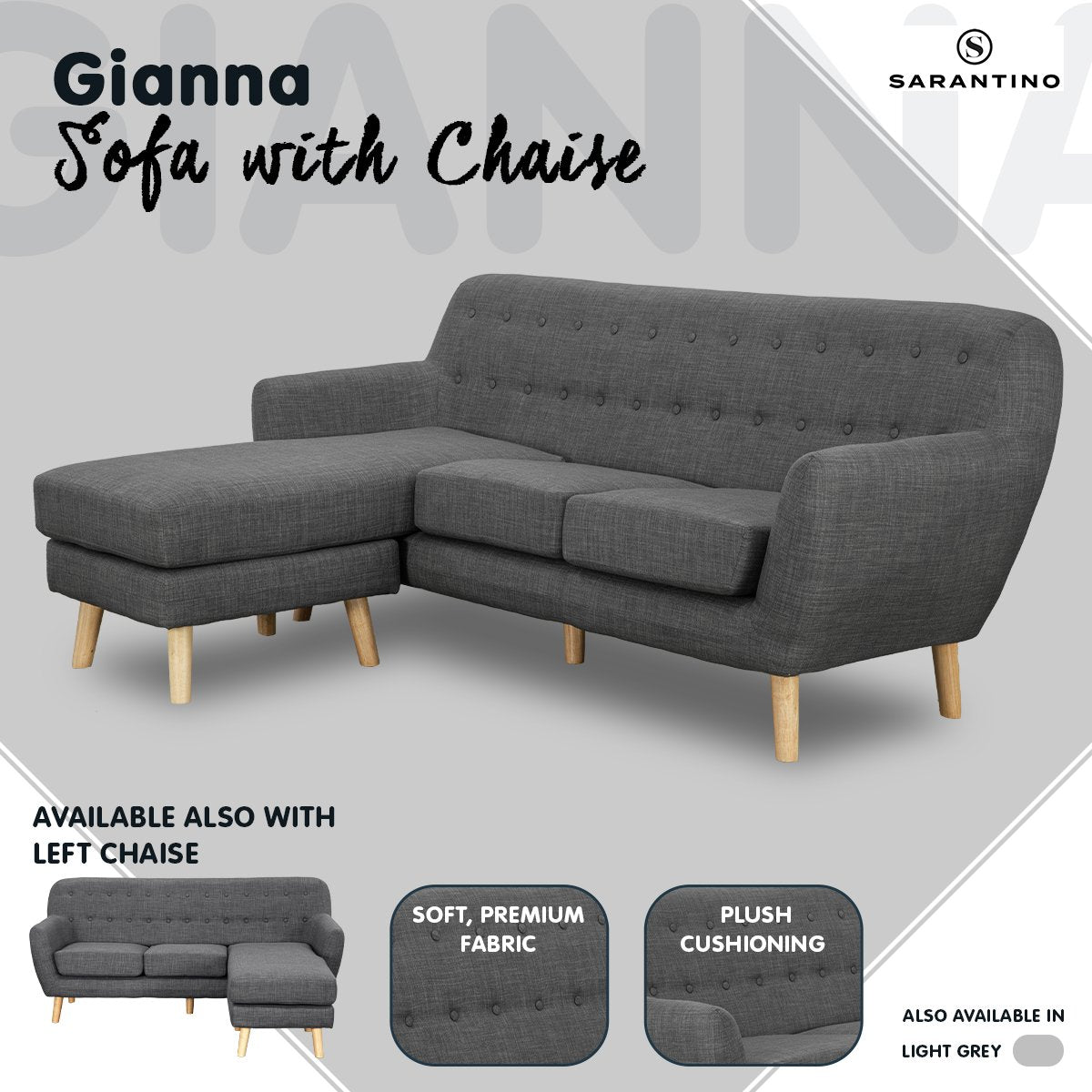 Linen Corner Wooden Sofa Couch Lounge L-shaped with Chaise - Dark Grey