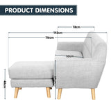 Linen Corner Wooden Sofa Lounge L-shaped with Left Chaise Light Grey - Rear View