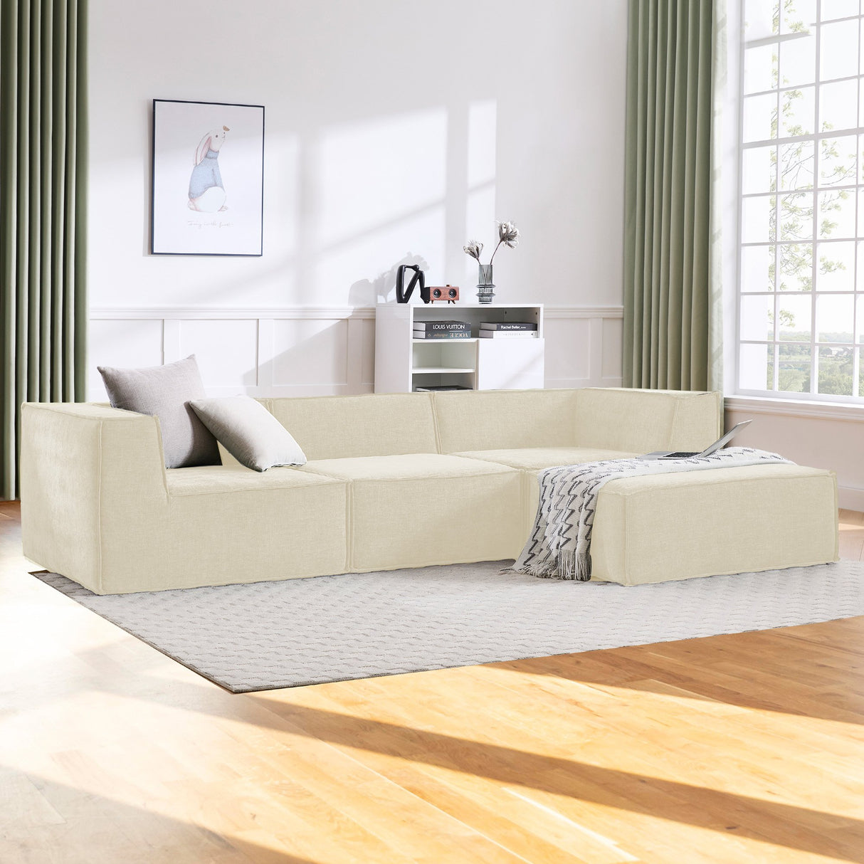 Sarantino Novi 3-Seater Modular Sofa with Ottoman in Cream Non-Slip Bottom Lounge