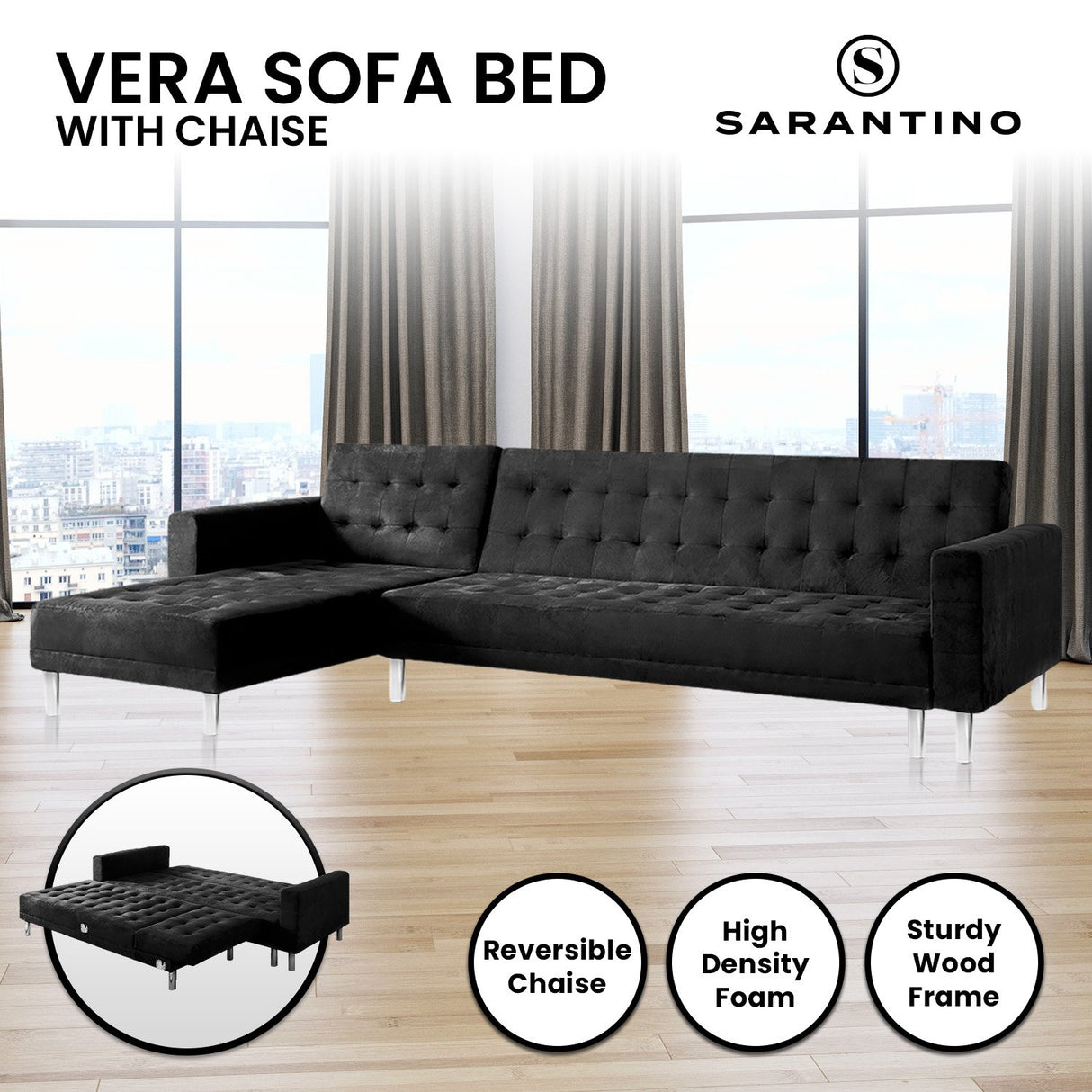 Sarantino Faux Velveteen Corner Wooden Sofa Bed Couch w/ Chaise Black