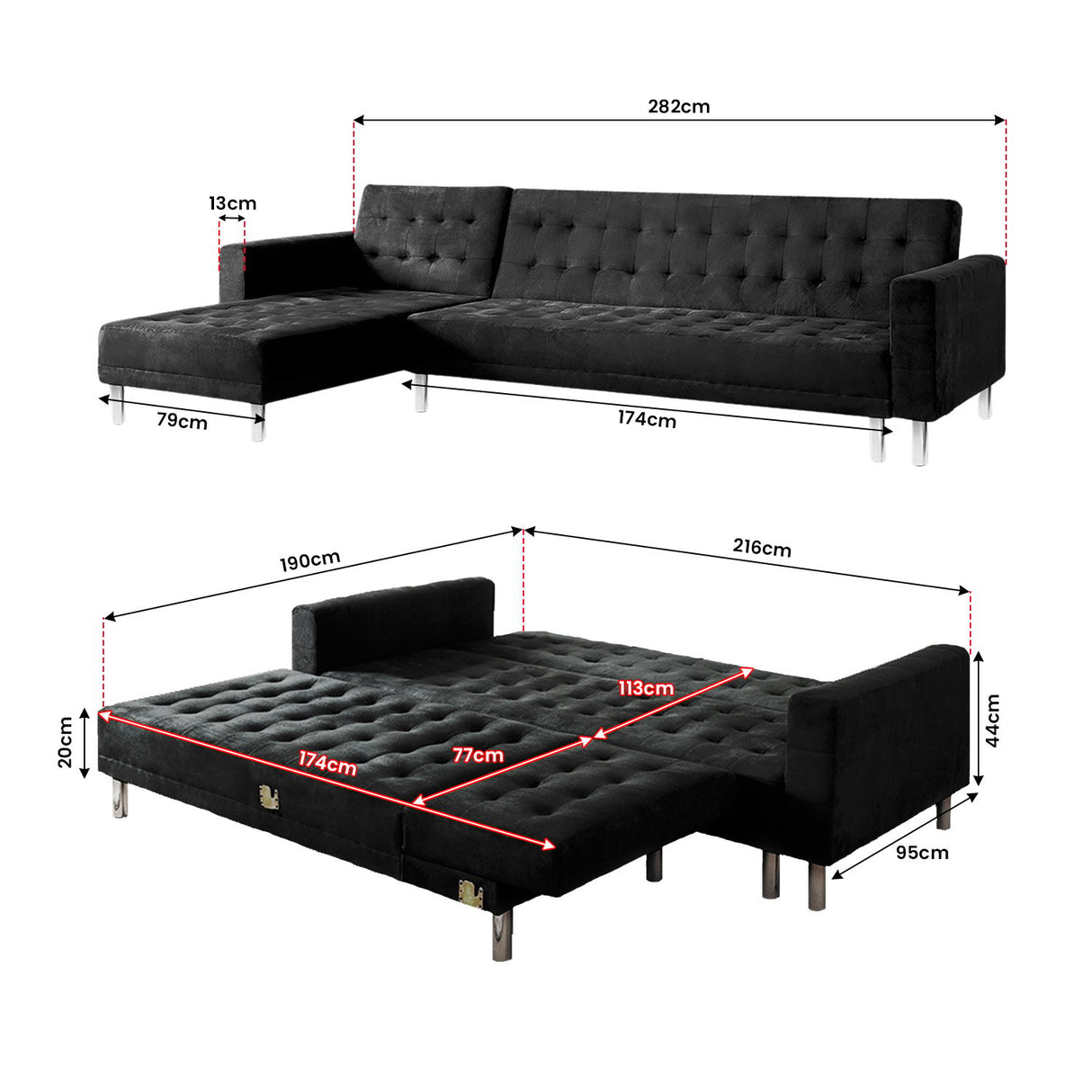 Sarantino Faux Velveteen Corner Wooden Sofa Bed Couch w/ Chaise Black