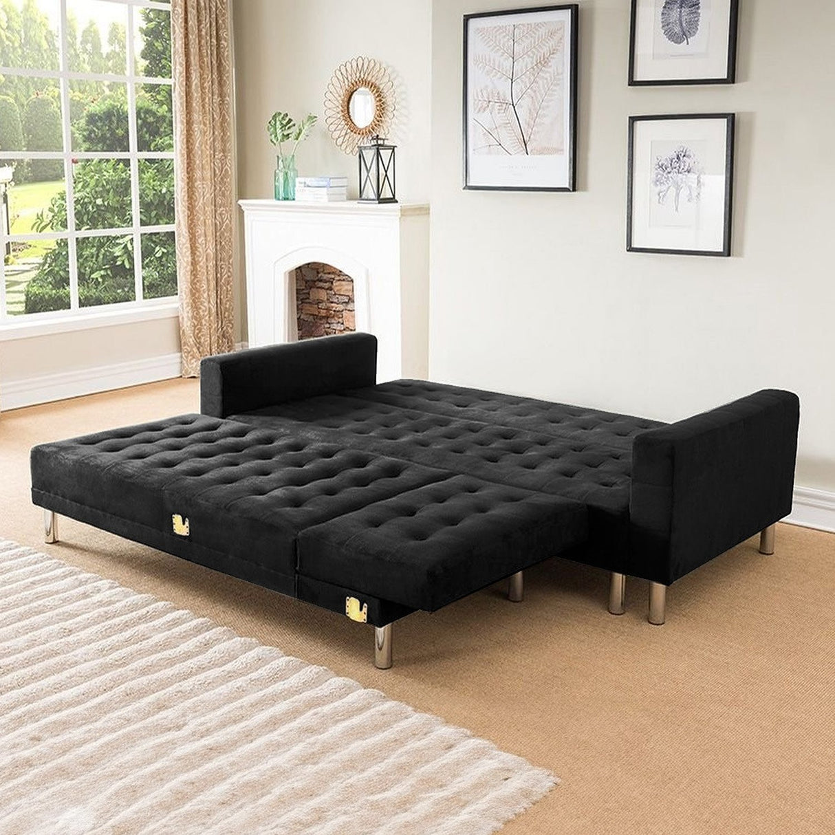 Sarantino Faux Velveteen Corner Wooden Sofa Bed Couch w/ Chaise Black