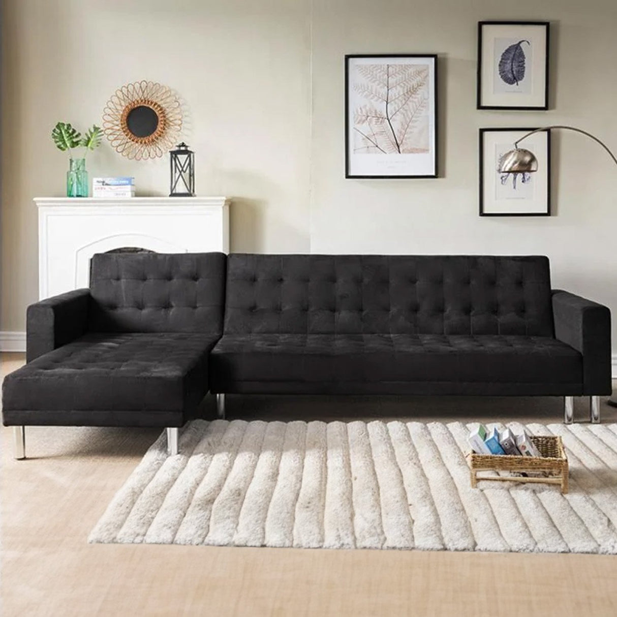 Sarantino Faux Velveteen Corner Wooden Sofa Bed Couch w/ Chaise Black