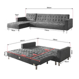 Sarantino Faux Velvet Corner Wooden Sofa Bed Couch with Chaise - Grey - Low Angle