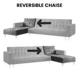 Sarantino Faux Velvet Corner Wooden Sofa Bed Couch with Chaise - Grey - Extra Image