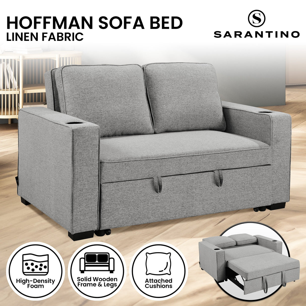 Sarantino Hoffman Linen Sofa Bed with Cushions &Cup Holders Light Grey