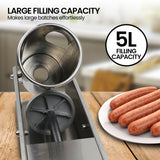 Pronti 5L Sausage Stuffer Stainless Steel with 4 Filling Tubes - Horizontal - Close-Up Angle