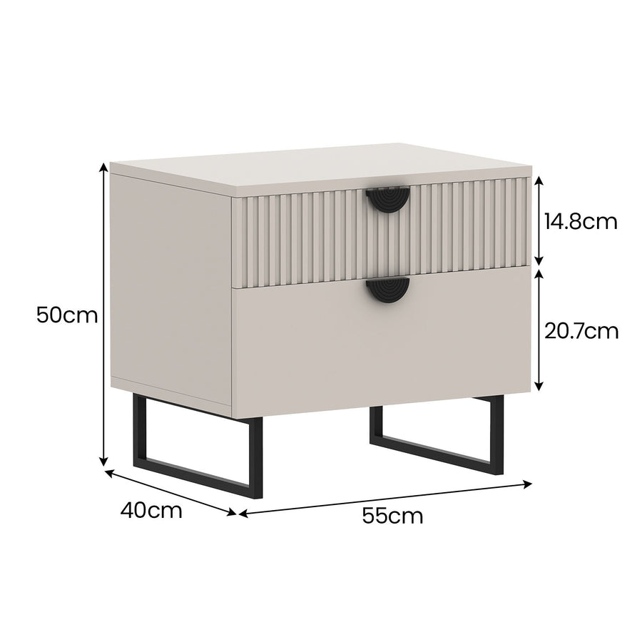 Sarantino Tessa Fluted 2-Drawer Bedside Table - Taupe