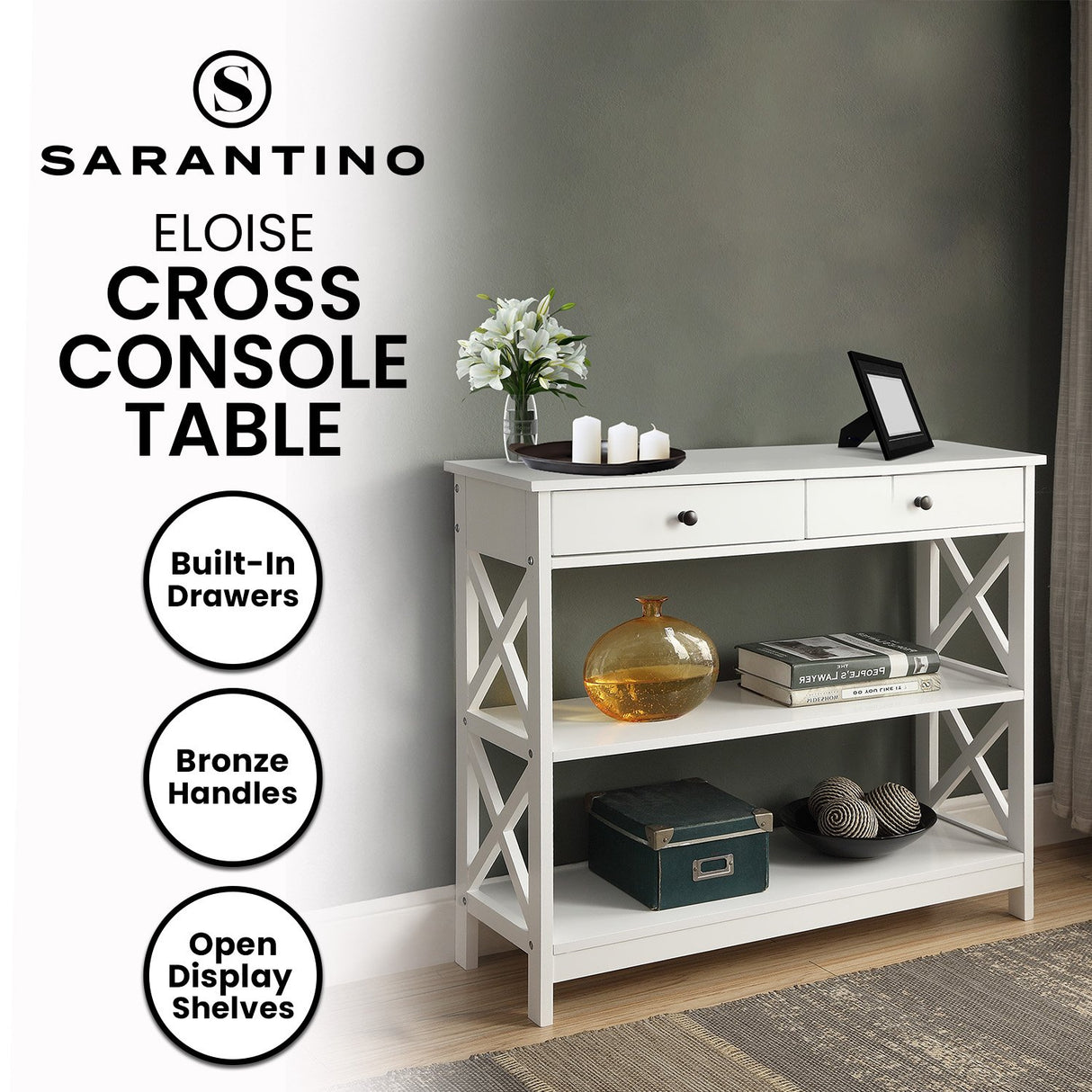 Sarantino Eloise Cross Console Table in White