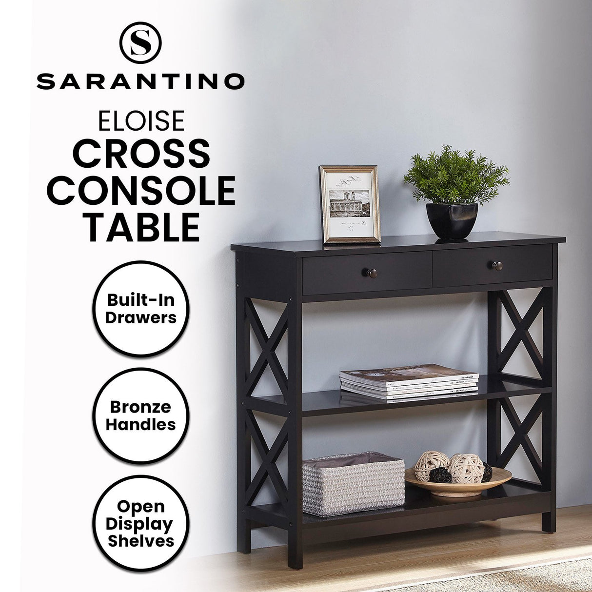Sarantino Eloise Cross Console Table in Black
