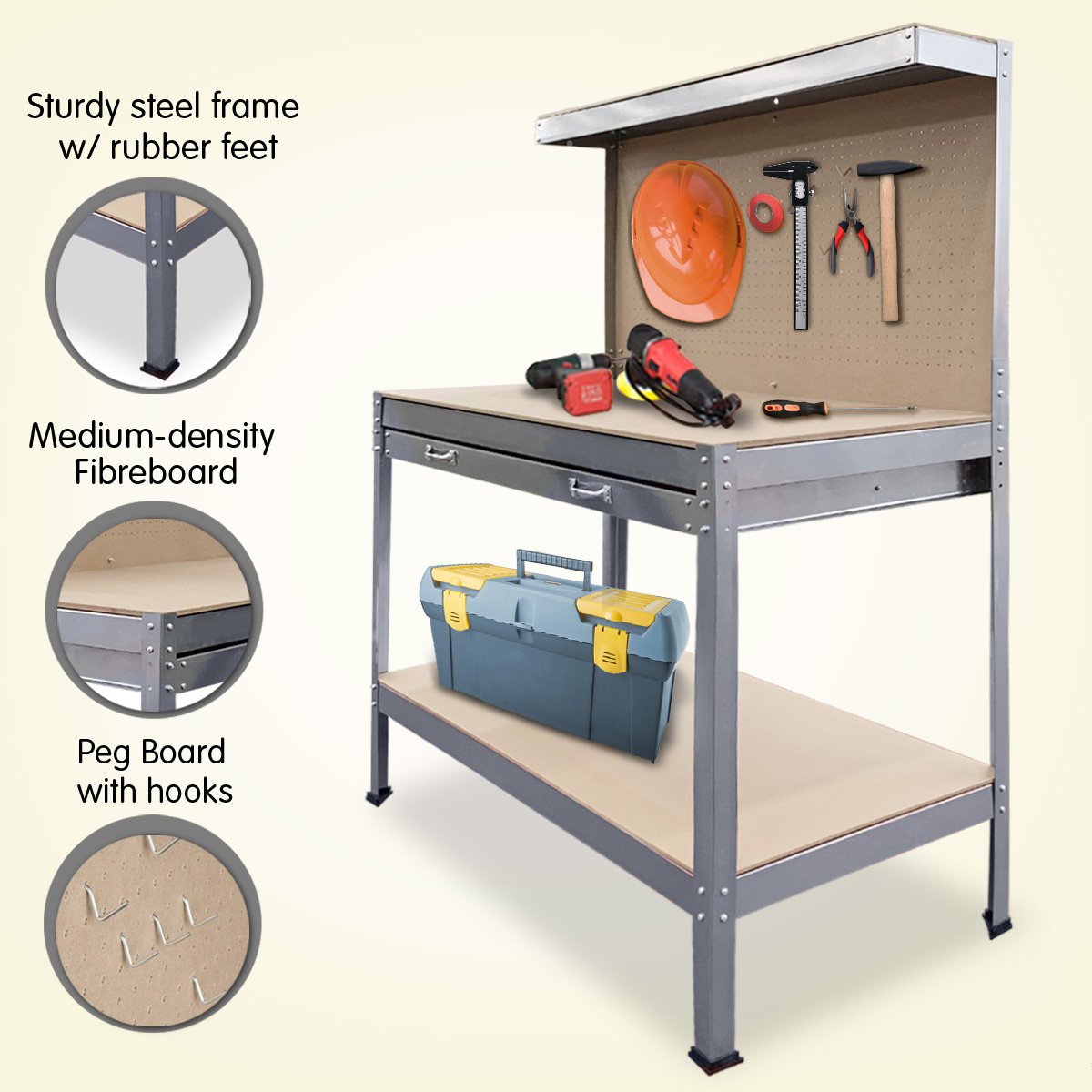 2-Layered Work Bench Garage Storage Table Tool Shop Shelf Silver
