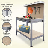 2-Layered Work Bench Garage Storage Table Tool Shop Shelf Silver - Rear View