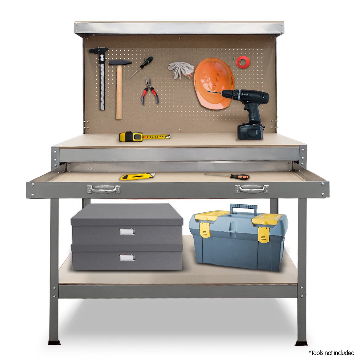 2-Layered Work Bench Garage Storage Table Tool Shop Shelf Silver
