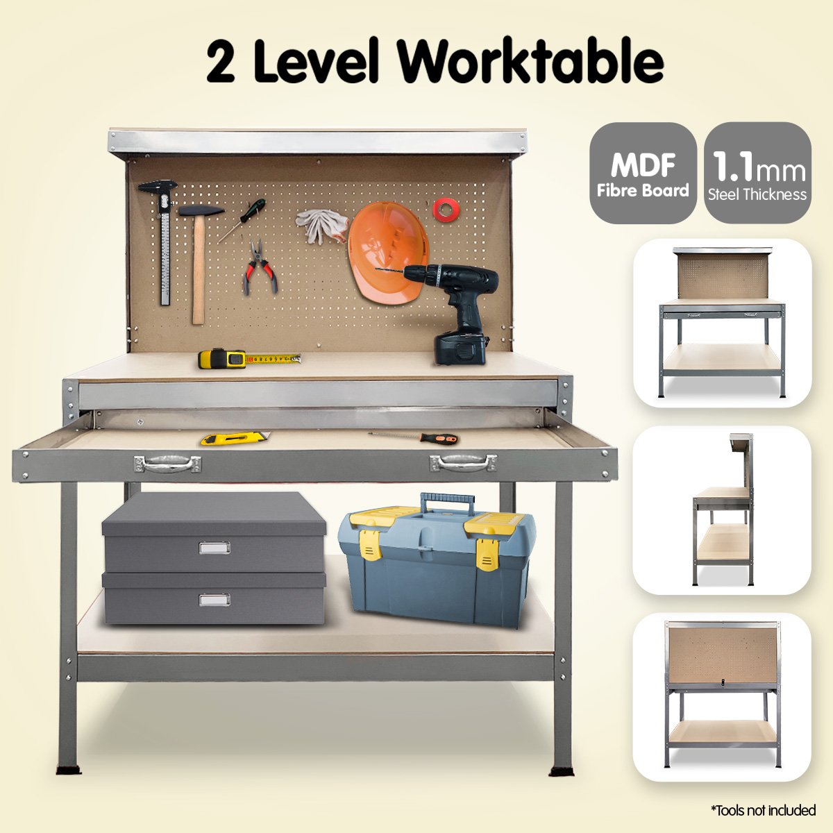 2-Layered Work Bench Garage Storage Table Tool Shop Shelf Silver