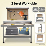 2-Layered Work Bench Garage Storage Table Tool Shop Shelf Silver - 45-Degree Angle