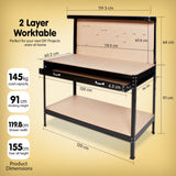 2-Layered Work Bench Garage Storage Table Tool Shop Shelf - Side View