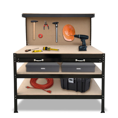 3-Layer Steel Workbench with Drawer, Pegboard and Shelf, Garage Storage Tool Table