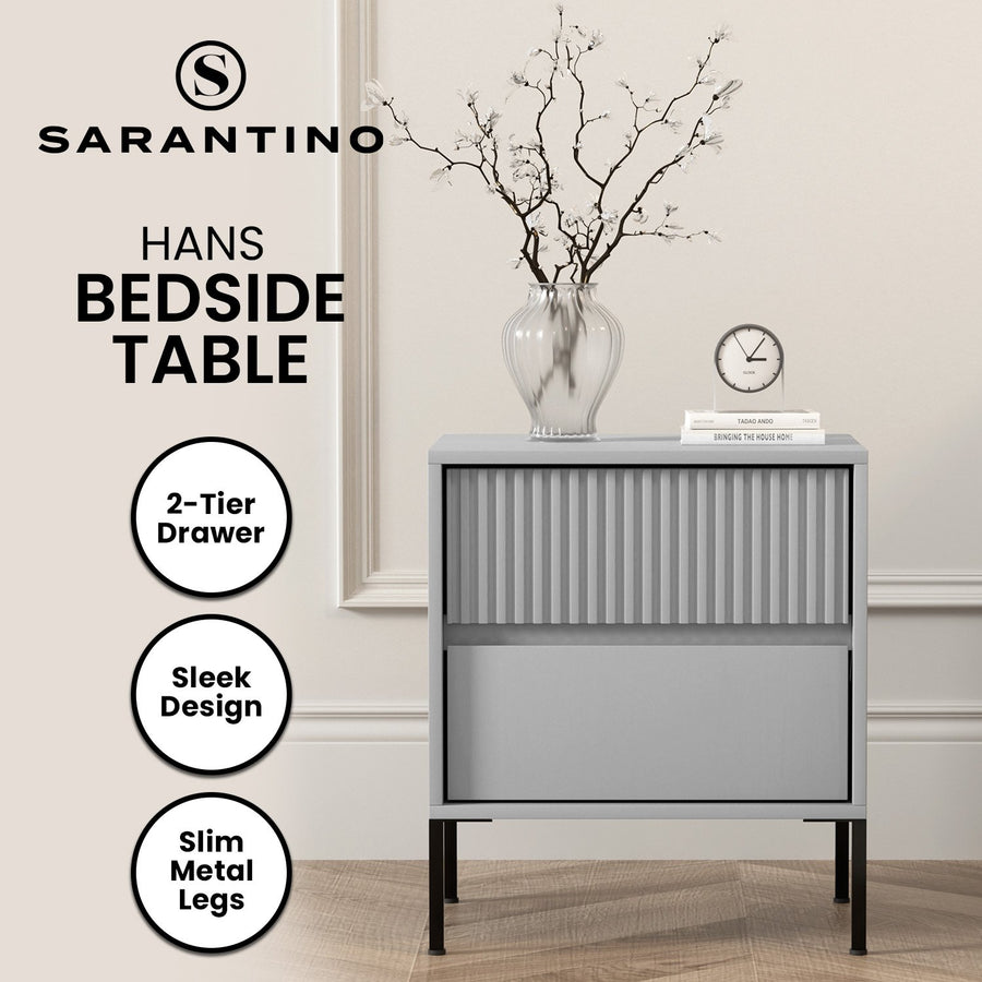 Sarantino Hans Fluted 2-Drawer Bedside Table - Grey
