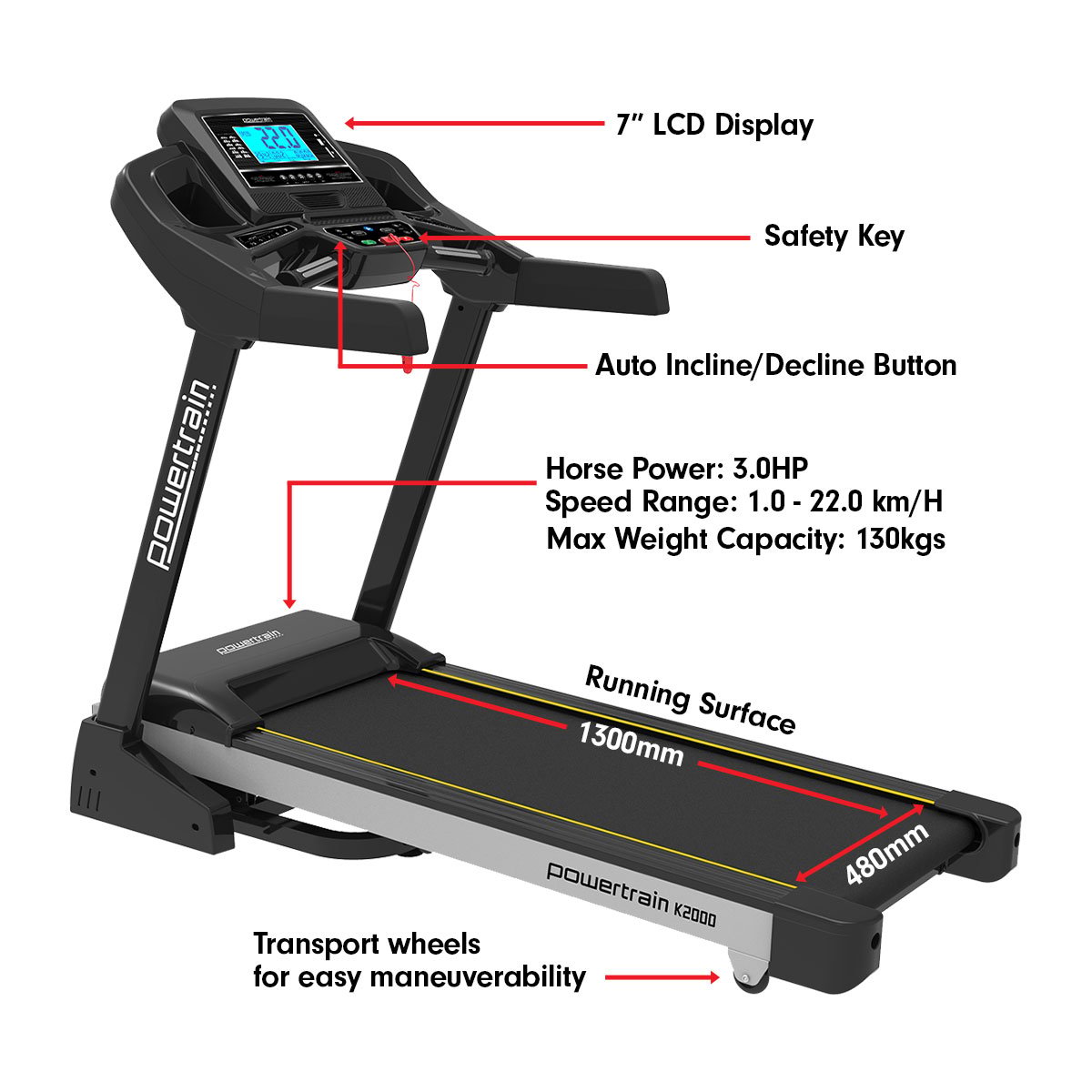 Powertrain 22km/h K2000 Treadmill Running Cardio Exercise w/ Fan & Auto Incline Speed