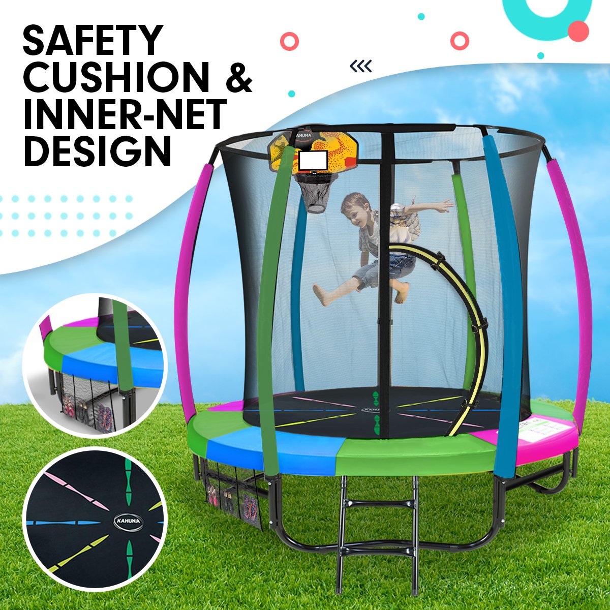 Kahuna Trampoline 6 ft with Basketball Set - Rainbow