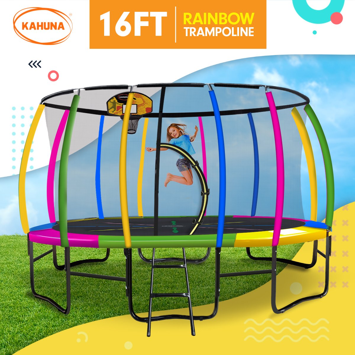 Kahuna Trampoline 16 ft with Basketball Set - Rainbow