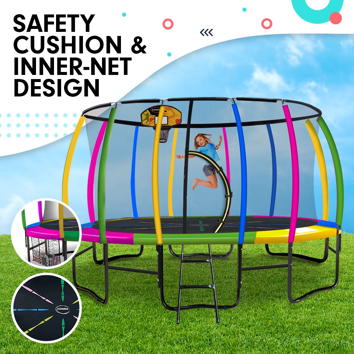 Kahuna Trampoline 16 ft with Basketball Set - Rainbow