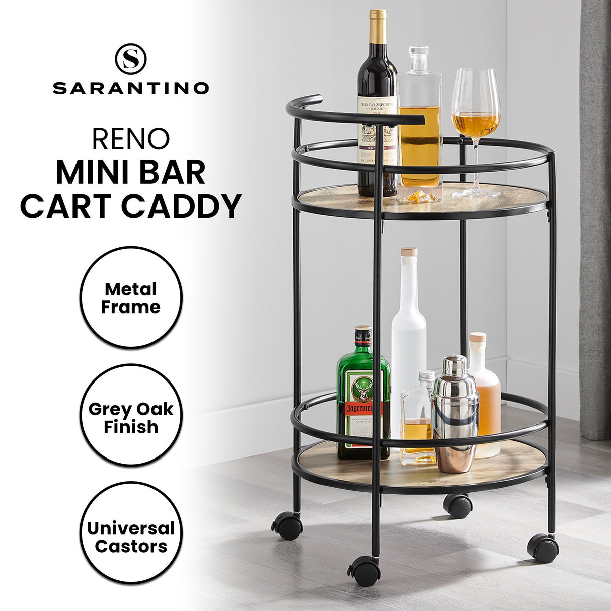 Sarantino Reno Mini Bar Cart Caddy in Grey Oak