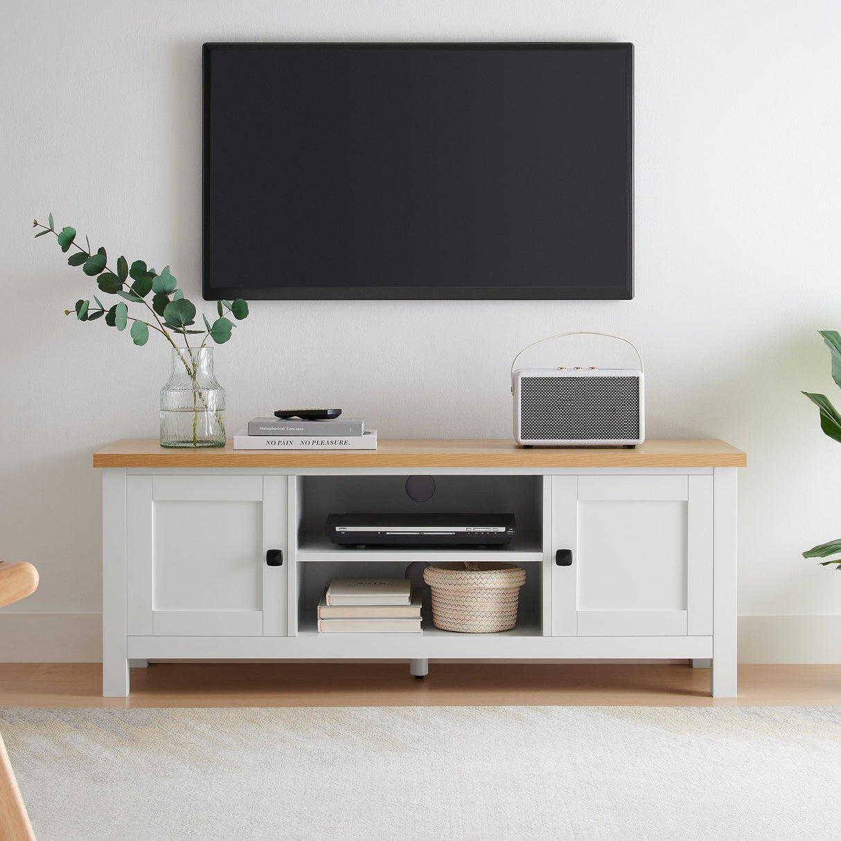 Sarantino Gio TV Stand Cabinet Cupboard in White and Natural Wood Finish