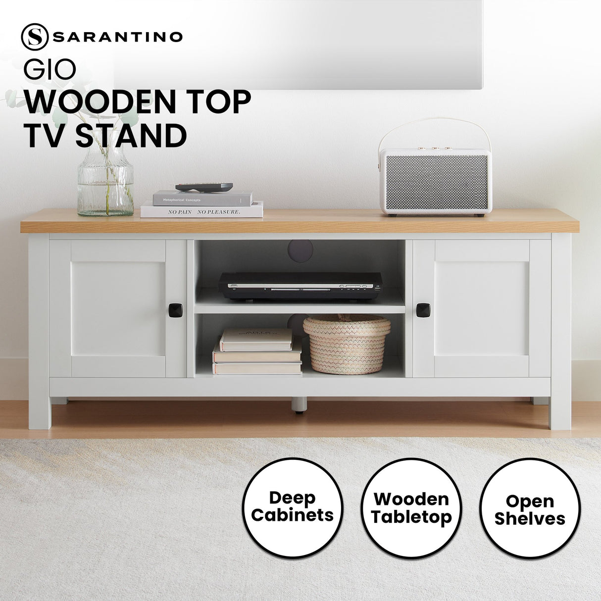Sarantino Gio TV Stand Cabinet Cupboard in White and Natural Wood Finish