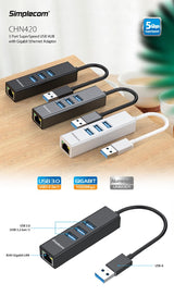 Simplecom CHN420 Aluminium 3 Port SuperSpeed USB HUB with Gigabit Ethernet Adapter Black - Side View