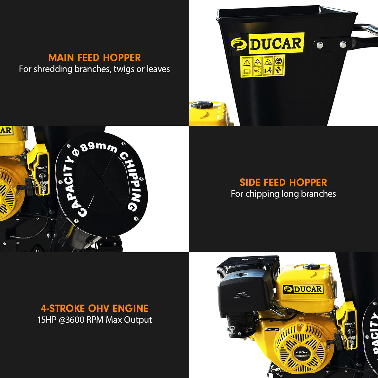 Ducar 601C 15HP Wood Chipper Key Start Shredder Mulcher Grinder Yellow Black