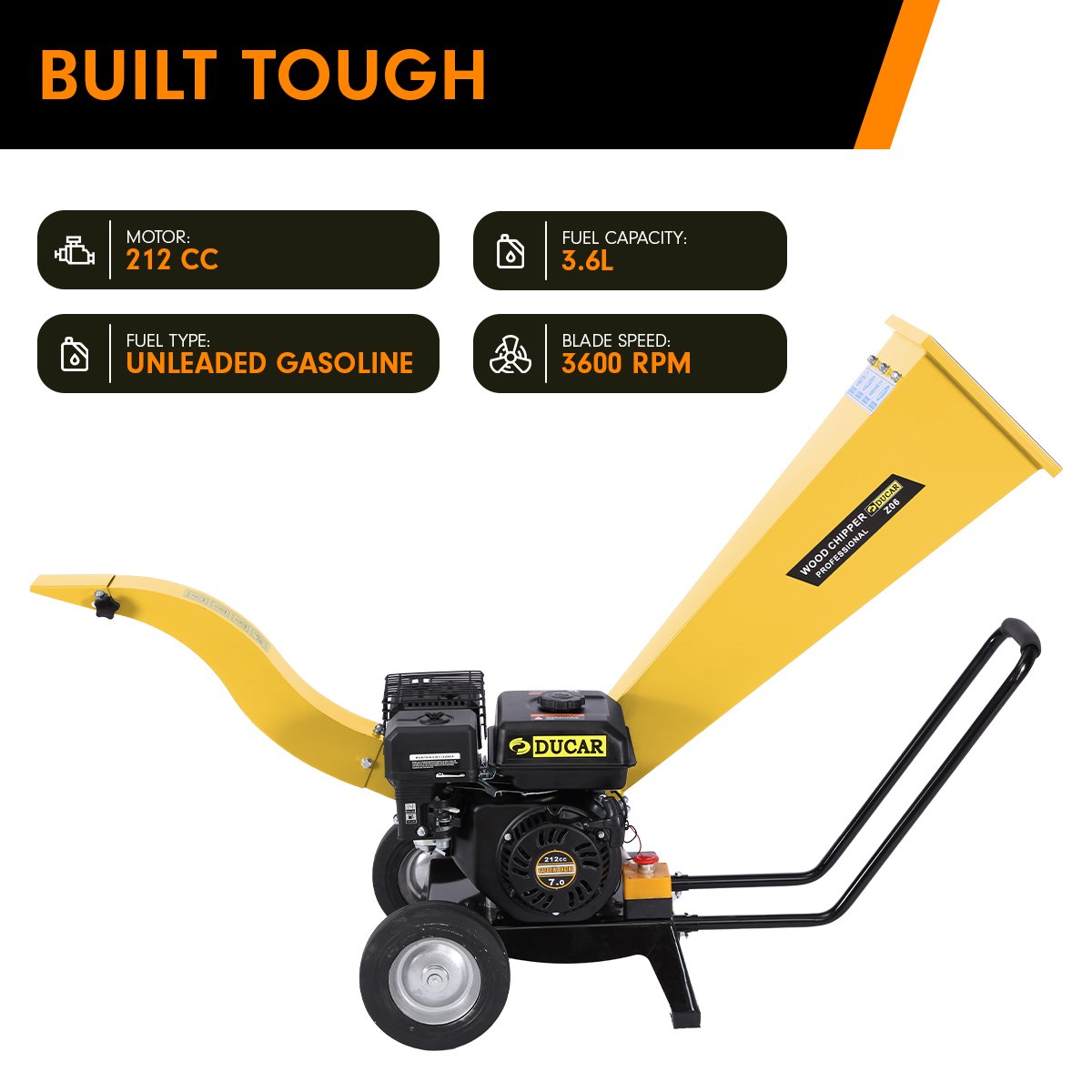 Ducar Petrol 7HP Wood Chipper Shredder Mulcher Grinder - Yellow