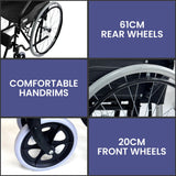 Orthonica 24in Self Propelled Foldable Steel Wheelchair - Black - Close-Up Angle