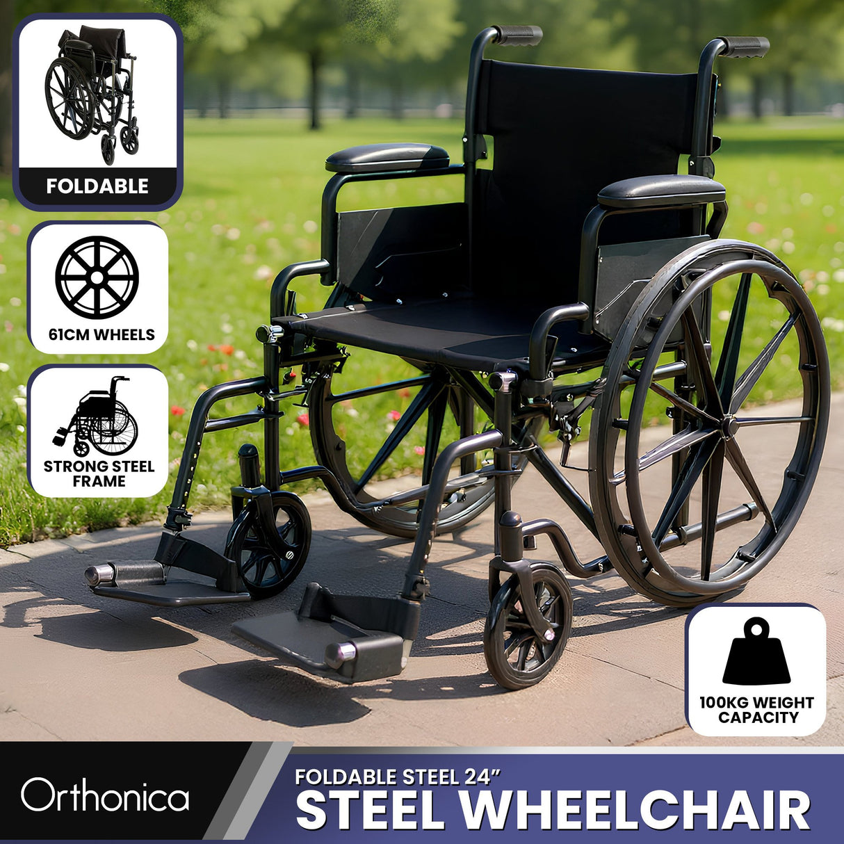 Orthonica 24in Foldable Steel Wheelchair in Black Steel Frame Heavy-Duty Disability Aid