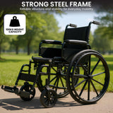 Orthonica 24in Foldable Steel Wheelchair in Black Steel Frame Heavy-Duty Disability Aid - Rear View