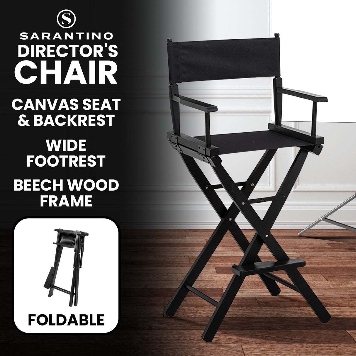 Sarantino Tall Wooden Directors Chair Kitchen Bar Stool in Black