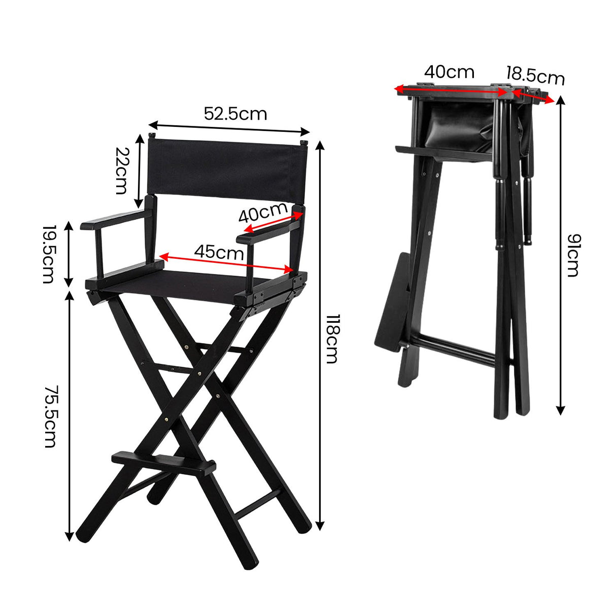 Sarantino Tall Wooden Directors Chair Kitchen Bar Stool in Black