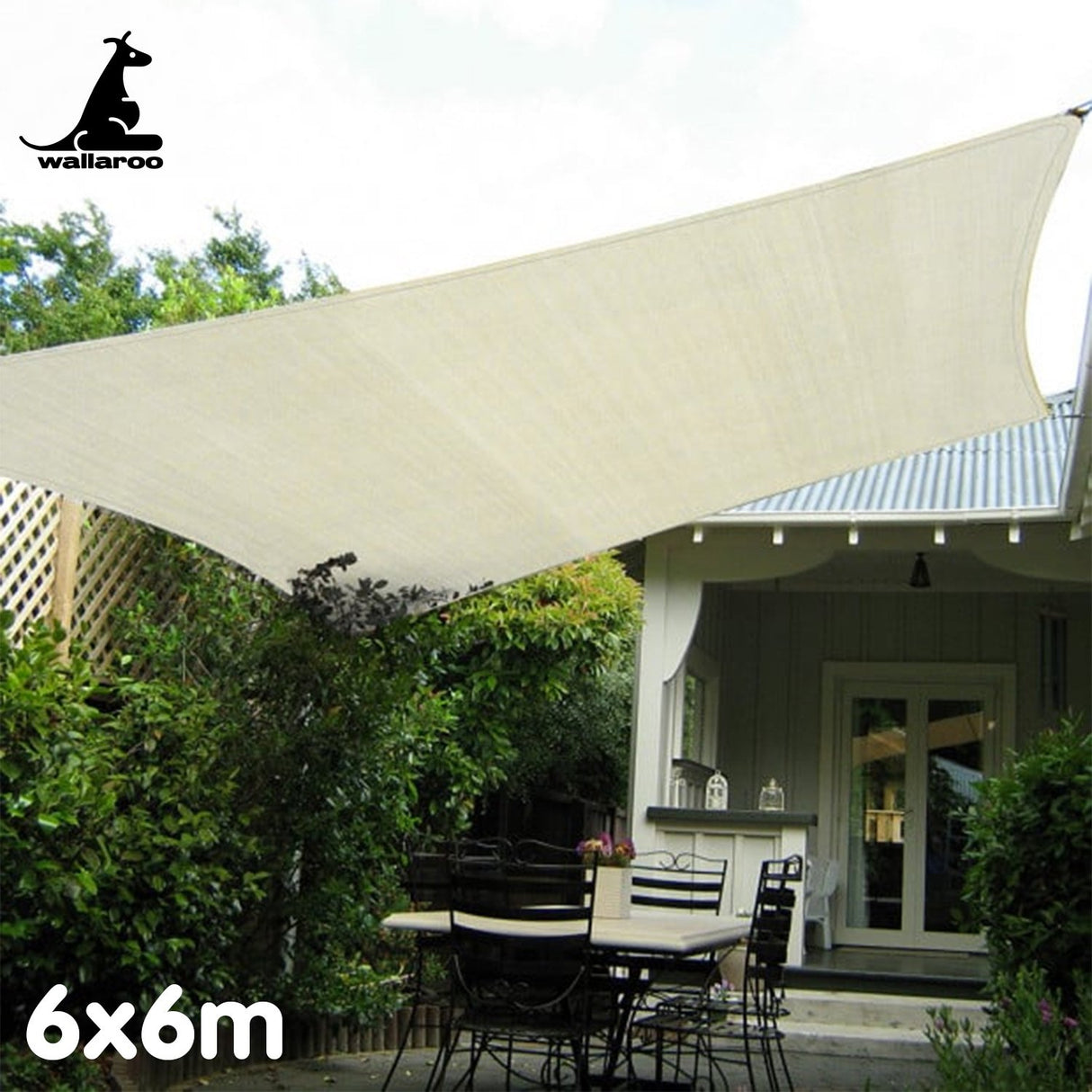 Wallaroo Waterproof 160GSM Outdoor Sun Shade Sail Canopy Cream Square 6 x 6m