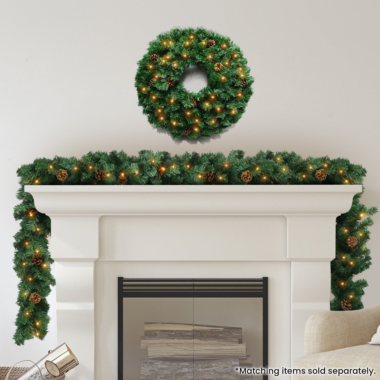 Christabelle Prelit 61cm Yuletide Glow Christmas Wreath with Pine Cones