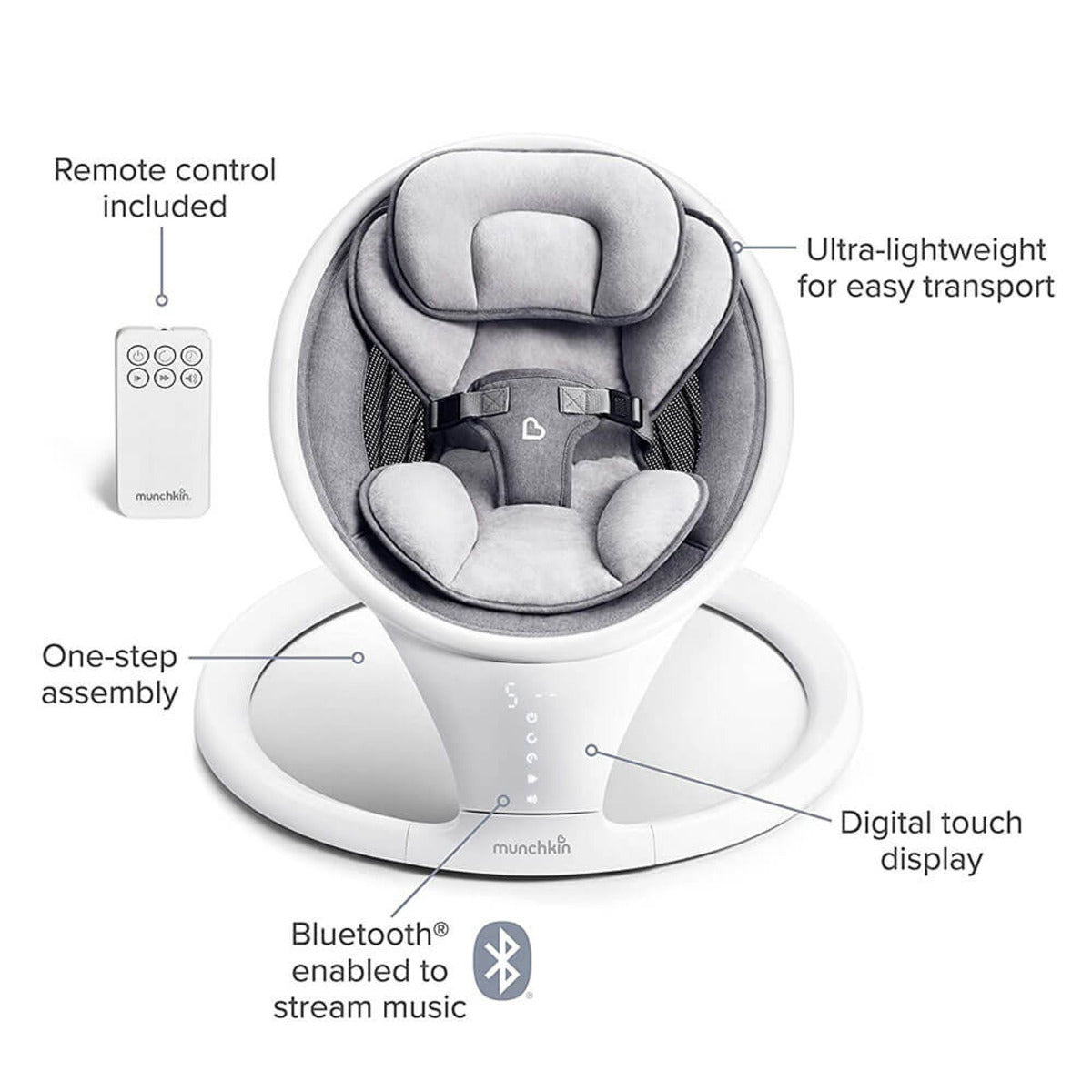 Bluetooth-Enabled Munchkin Infant Swing with Soothing Sounds and Side-to-Side Motion