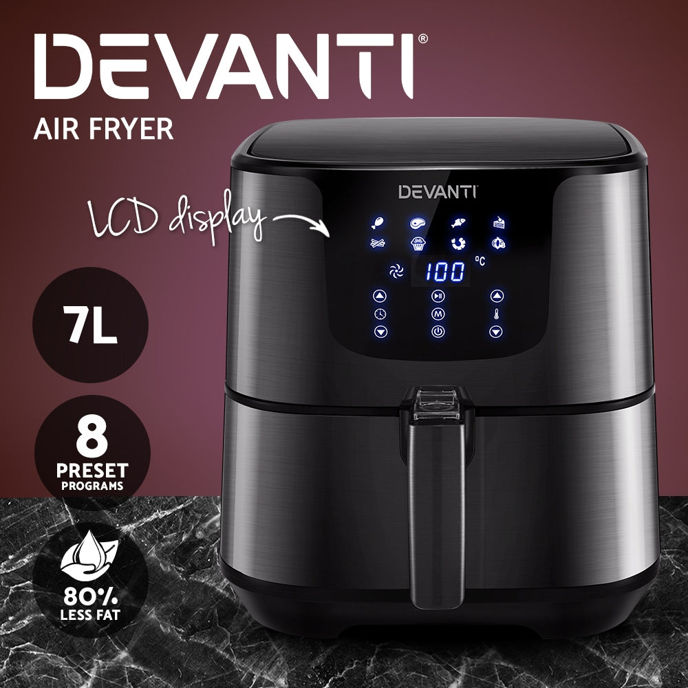 Devanti 7L Stainless Steel Air Fryer with LCD Touch Control - Healthy Cooking Made Easy