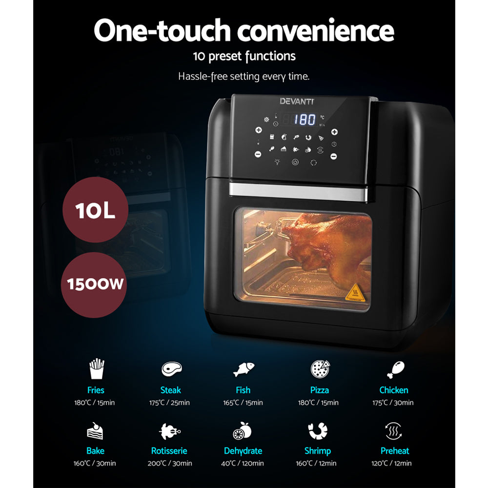 Devanti 10L Oil-Free Air Fryer with LCD Touch Control – Multi-Function Healthy Cooker for Family Meals