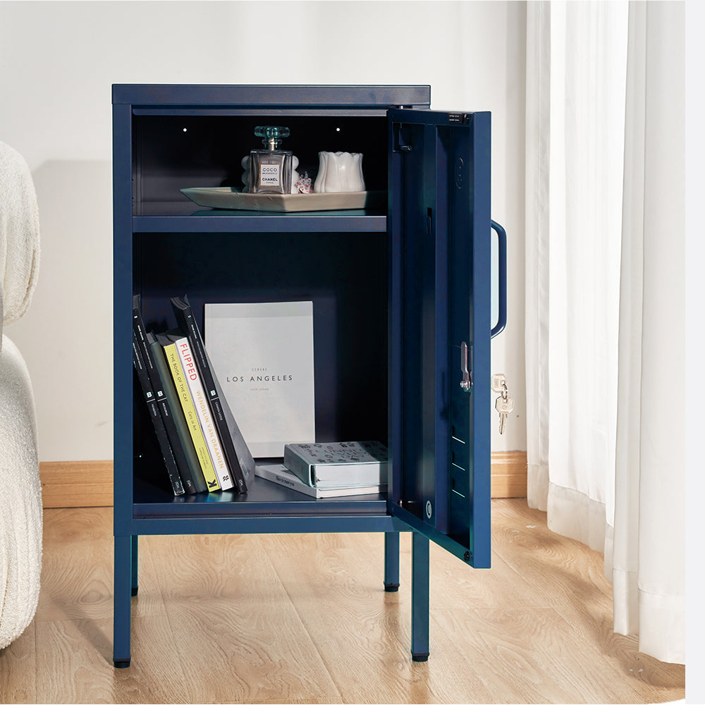 Contemporary Blue Metal Storage Locker with Adjustable Shelf and Hook