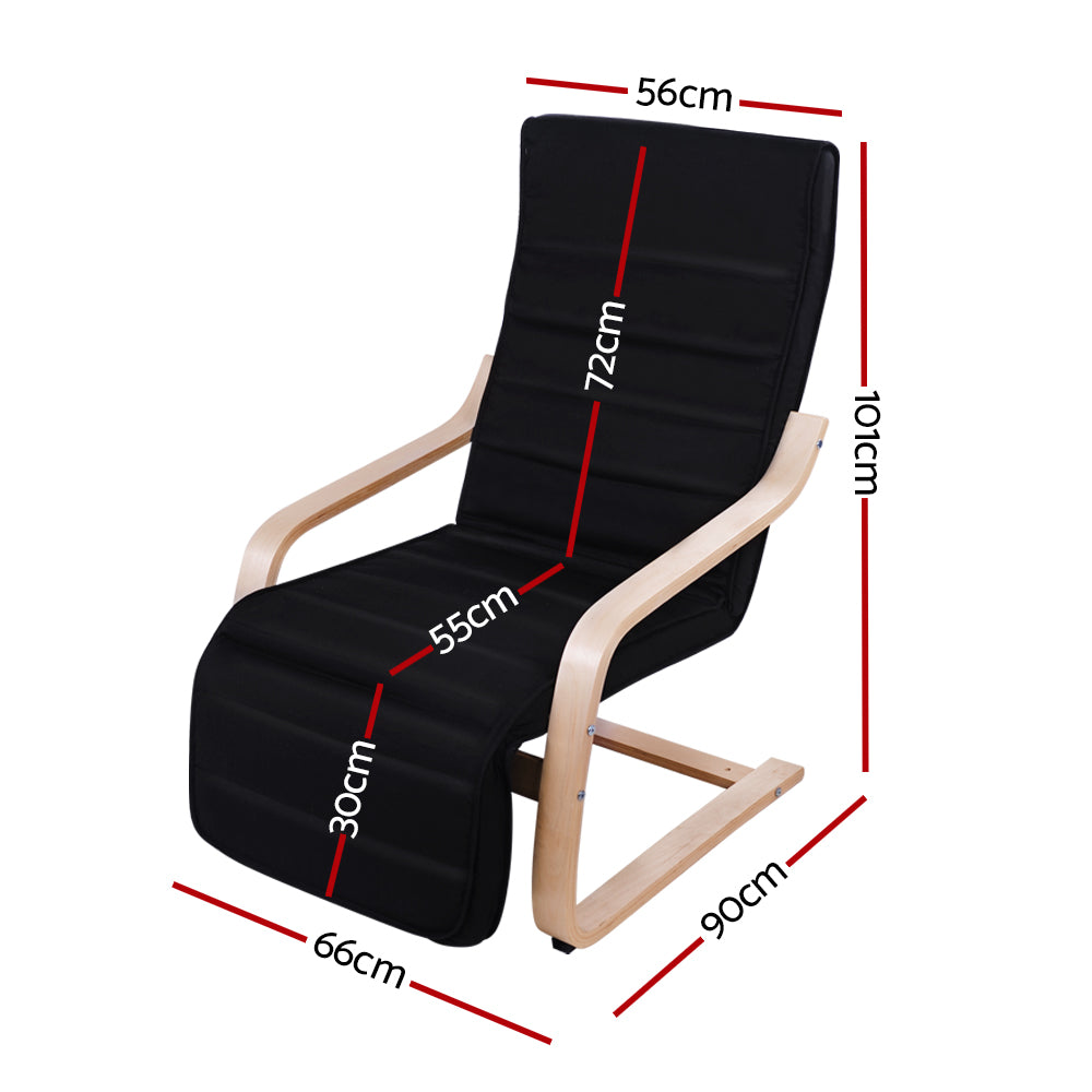 Bentwood Lounge Chair with Adjustable Footrest - Black Fabric