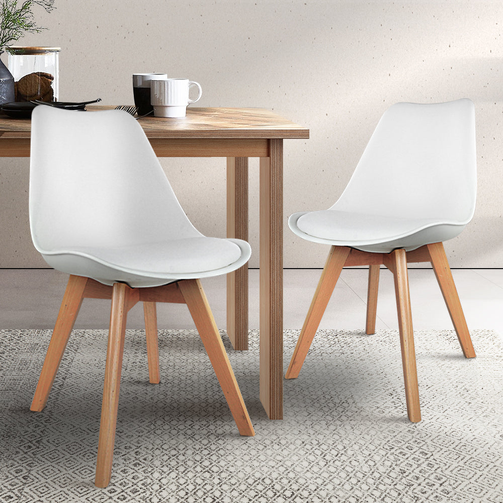 Set of 2 White PU Leather Padded Dining Chairs - Replica Eiffel Design